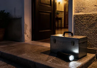 Caja de herramientas de fontanero lista para un aviso nocturno de urgencia